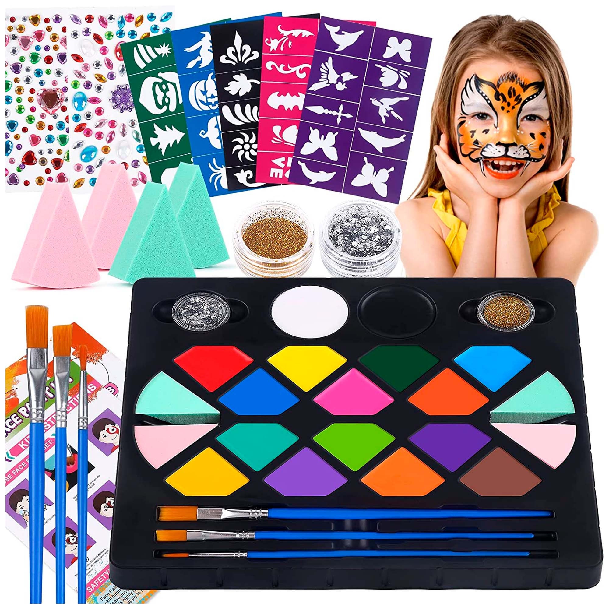 Face Painting Kit for Kids 20 Water Based Non-Toxic Sensitive Skin Paints  100 Stencils 3 Glitters 2 Hair Chalks Combs 2 Tattoos Sheets 4 Colors Split