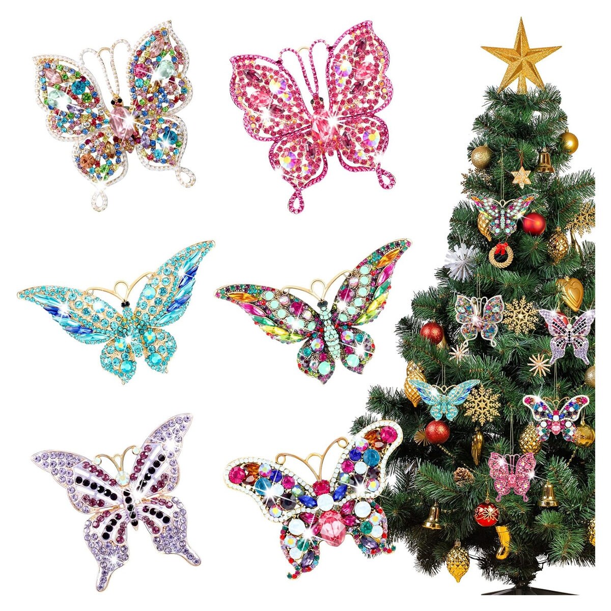 LIOOBO 20pcs Christmas Ornament Butterfly Wall Stickers Christmas Glitter  Butterflies Glitter Ornaments for Christmas Tree Christmas Tree Ornaments