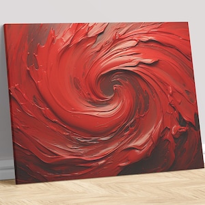 Puede incluir: Pintura abstracta con un patrón rojo y rojo oscuro en espiral. La pintura es espesa y texturizada, creando una composición dinámica y enérgica.