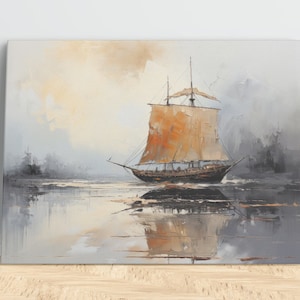 Abstract Painting, Sailboat, Abstract Landscape, Digital Download, Gold, Black, Gray, White, Oil Painting, Home Decor, Wall Decor, Water