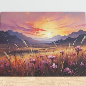 Landscape Painting, Sunset, mountains, Grassland, Orange, Pink, Purple, Digital Wall Art, Home Decor, Wall Decor, Office Decor, Wall Art