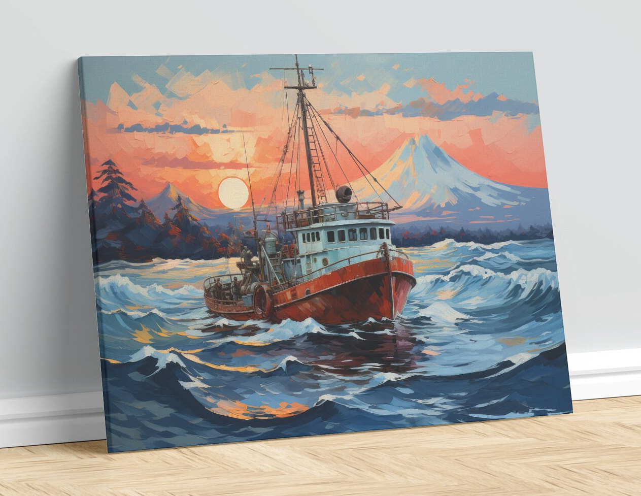 Fishing Boat, Ocean, Oil Painting Print, Mt. Fuji, Japan, Pacific, Sunset,  Digital Download, Home Decor, Wall Decor, Digital Wall Art, Water 