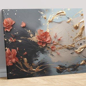 Modern Abstract Oil Painting, Digital Download, Roses, Black, Gold, Pearl, Ash, Pink.
