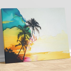 Abstract Realism, Tropical, Sunset, Island, Palm Trees, Abstract, Vibrant Colors, Digital Wall Art, Home Decor, Wall Decor, Office Decor
