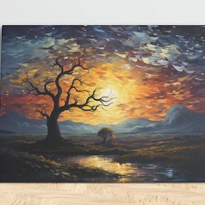 Sunset, Landscape Painting, Impasto, Orange, Yellow Blue, Tree, Digital Download, Digital Wall Art, Home Decor, Wall Decor, Office Decor