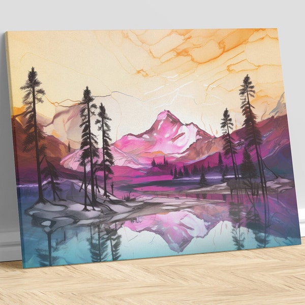 Abstract Realism, Mountains, Pine Trees, Rockies, Rocky Mountains, Lake, Neon, Digital Wall Art, Home Decor, Wall Decor, Office Decor, Decor