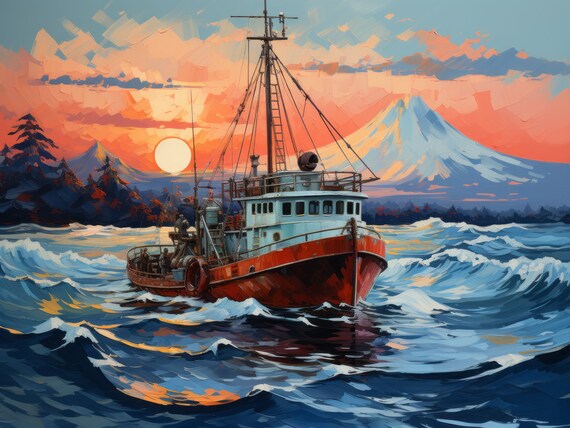 Fishing Boat, Ocean, Oil Painting Print, Mt. Fuji, Japan, Pacific, Sunset,  Digital Download, Home Decor, Wall Decor, Digital Wall Art, Water 