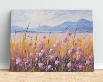 Landscape Painting, Yellow, Pink, Blue, Field, Plain, Mountains, Digital Download, Digital Wall Art, Home Decor, Wall Decor, Office Decor