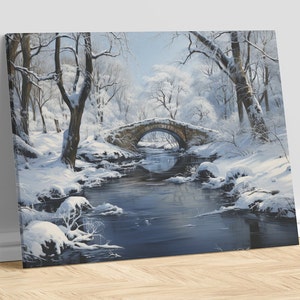 Winter Landscape Painting, Bridge, River, Stream, Snow, Trees, Digital Wall Art, Home Decor, Wall Decor, Office Decor, Wall Art, Decor, Art