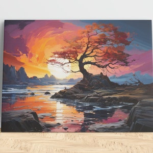 Oak Tree, River, Mountain, Sunset, Paradise, Oil Painting Print, Digital Download, Digital Art, Majestic, Beautiful, Wall Decor, Home Decor.