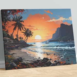 Tropical Island, Sunset, Beach, Mountains, Sailboats, Beach House, Oil Painting Print, Paradise, Digital Download, Home Decor, Wall Decor.