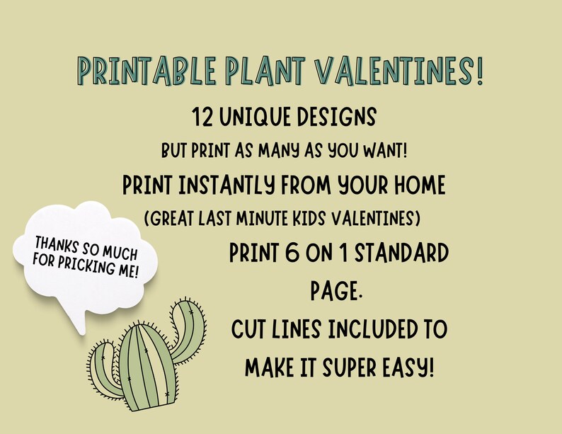 K&ouml;nnte beinhalten: Druckbare Valentinstagskarten mit 12 einzigartigen Kaktus-Designs. Der Text lautet "Druckbare Pflanzen-Valentinstage! 12 einzigartige Designs Aber drucken Sie so viele Sie wollen! Drucken Sie sofort von zu Hause aus (Tolle Valentinstage f&uuml;r Kinder in letzter Minute) Drucken Sie 6 auf 1 Standardseite. Schnittlinien sind enthalten, um es super einfach zu machen!" und "Vielen Dank, dass du mich gestochen hast!"
