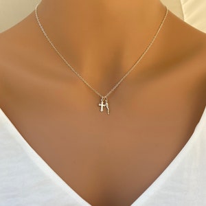 Tiny Italian Horn & Cross Pendant, 14k Gold Fill / Sterling Silver Tiny Italian Horn and Cross Pendant, Layered Amulet and Cross