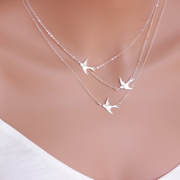 14k Gold Fill / Sterling Silver - Collier d'oiseaux volants, collier à trois couches, collier à trois oiseaux, ensemble de collier en couches, cadeau pour la mère