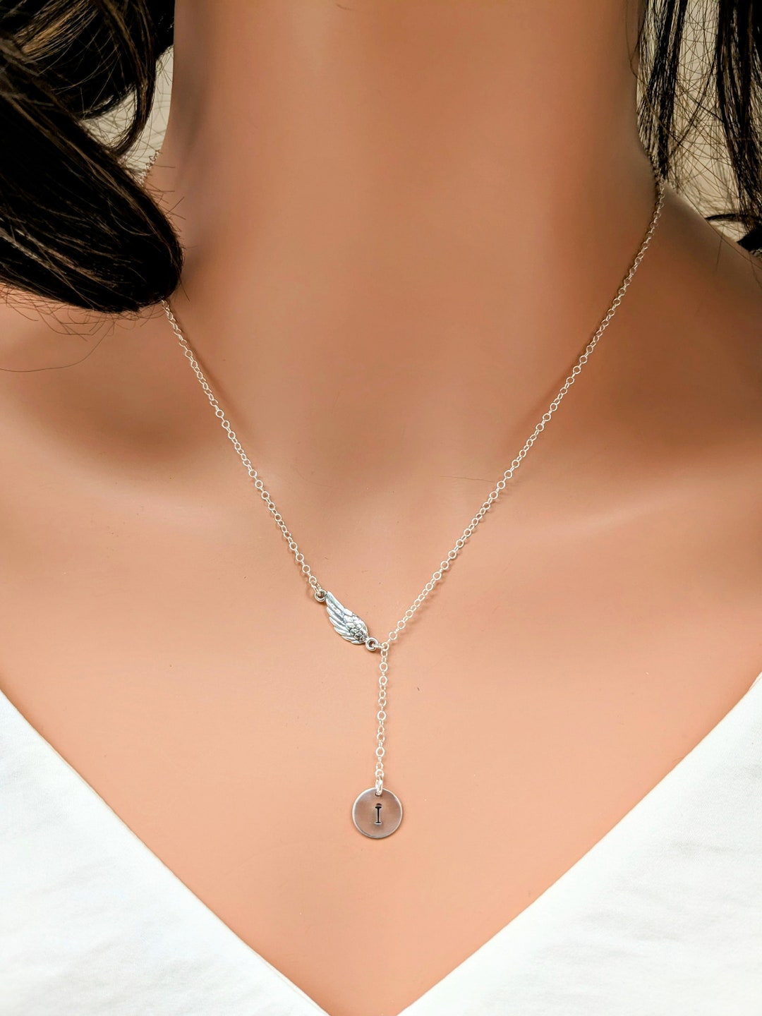 Personalized Angle Wing Necklace, Lariat Y Necklace, Sterling Silver