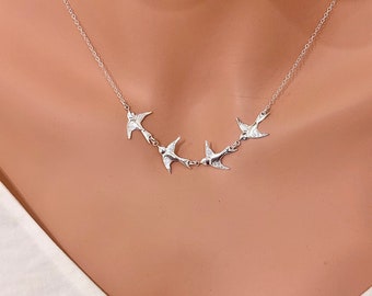 Flying Birds Necklace in 14k Gold Fill/Sterling Silver, Four Birds Necklace, Daughter Gifts for Mom, Layer & Movement Necklace