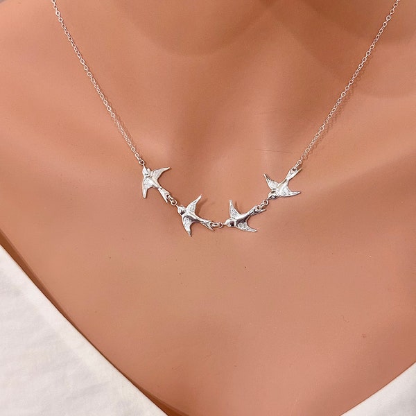 Flying Birds Necklace in 14k Gold Fill/Sterling Silver, Four Birds Necklace, Daughter Gifts for Mom, Layer & Movement Necklace