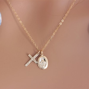 Virgin Mary and Cross Pendant Necklace, Vintage Cross Necklace, Catholic Necklace, Daughter Gifts, 14k Gold Fill/Sterling Silver