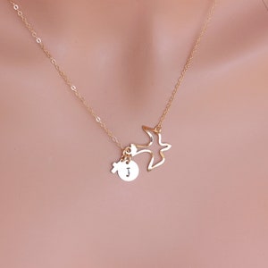 14k Gold Fill / Sterling Silver - Initial Bird with Tiny Cross Necklace, Dove Initial Necklace, Confirmation Gifts for her, Mother Day Gift