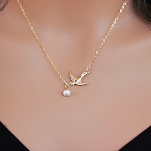 Regali di conferma per ragazze adolescenti, 14k Gold Fill / Sterling Silver Bird Collana, Collana di uccelli e Peral, Collana di uccelli, Collana di colomba