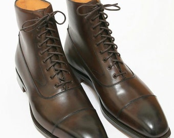 Bespoke Men's Handmade Brown Leather Ankle High Boot, Men's Dress lace up boot, men spectator formal boot