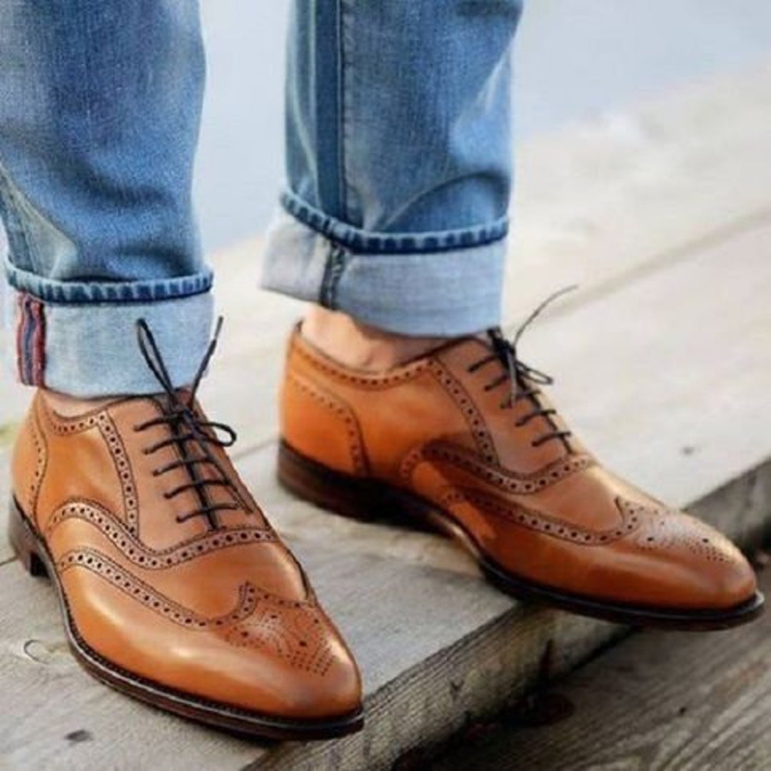 Bespoke Handmade Tan Oxford Leather Shoe, Men Spectator Wingtip Dress ...