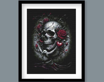 Gothic Skull and Roses, Skull Cross Stitch Pattern,  Floral Skull Embroidery, Dark Floral Pattern PDF, Instant Download