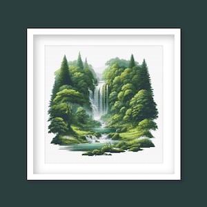 Forest Waterfall Cross Stitch Pattern, Digital Download, Nature Landscape Embroidery, Needlepoint Craft, Digital PDF Download.