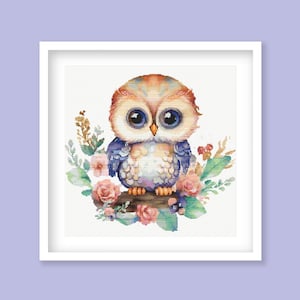 Whimsical Owl Cross Stitch Pattern - Perfect for Nursery & Kid&#39;s Room Decor with Floral and Botanical Accents. Instant PDF Download
