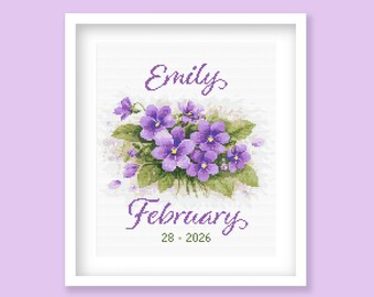 Februar Geburtsblume Kreuzstichmuster, Geburtsdatensatz violett, Name & Datum Kinderzimmer Wandbild (Digital PDF Download)
