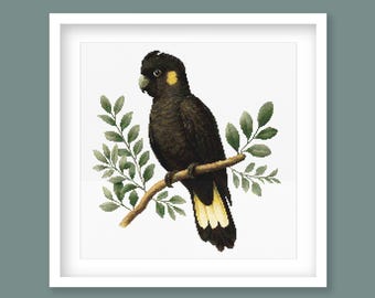 Yellow-Tailed Black Cockatoo Cross Stitch Pattern. Australian Bird Embroidery Design. Native Wildlife. Digital PDF Download.