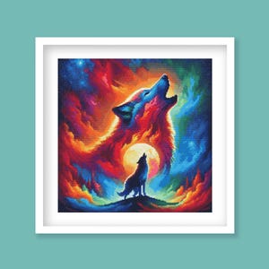 Wolf Cross Stitch Pattern - Bright Howling Wolf Embroidery. Vibrant Moonlit Scene with Fiery Sky. Instant PDF Download