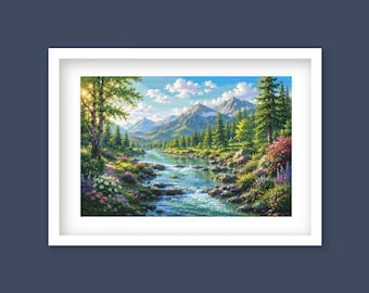 Mountain River Cross Stitch Pattern – Peaceful Forest Landscape Embroidery Chart (Digital Download)