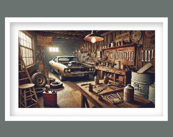 Vintage Muscle Car Garage Cross Stitch Pattern | Classic American Car Workshop | Retro Automotive Decor (PDF Download)