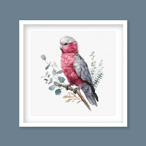 Galah Papagei Kreuzstichmuster - Australischer Vogel auf Ast Stickerei, Exquisite Handarbeiten für die Dekoration, digitaler PDF Download.