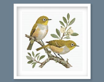 Wax-Eye Bird Cross Stitch Pattern, New Zealand Tauhou Silvereye (Digital Download)