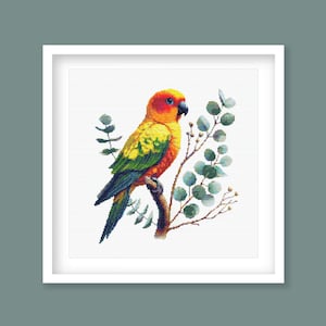 May include: A framed print featuring a colorful parrot perched on a branch with green leaves. The parrot has a vibrant orange head, yellow body, and green wings. The artwork is set against a white background.