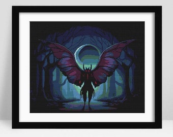 Patrón de punto de cruz de Mothman, profecías de Mothman, bordado gótico, descarga instantánea en PDF