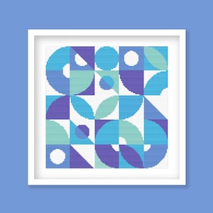 Modern Geometric Harmony Cross Stitch Pattern - Abstract Circles and Leaves in Blue, Green, and Purple, Digital PDF Download.