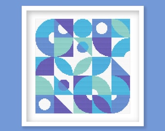 Modern Geometric Harmony Cross Stitch Pattern - Abstract Circles and Leaves in Blue, Green, and Purple, Digital PDF Download.