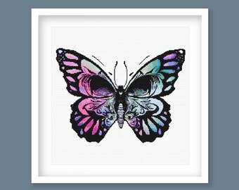 Gothic Butterfly Skull Cross Stitch Pattern, Colourful Skull Moth Embroidery Design. (Digital Download)