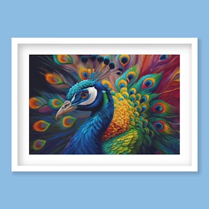 May include: A close-up of a peacock with its feathers spread out in a vibrant display of blue, green, yellow, and red. The peacock's head is turned to the side, showing its blue and white face.
