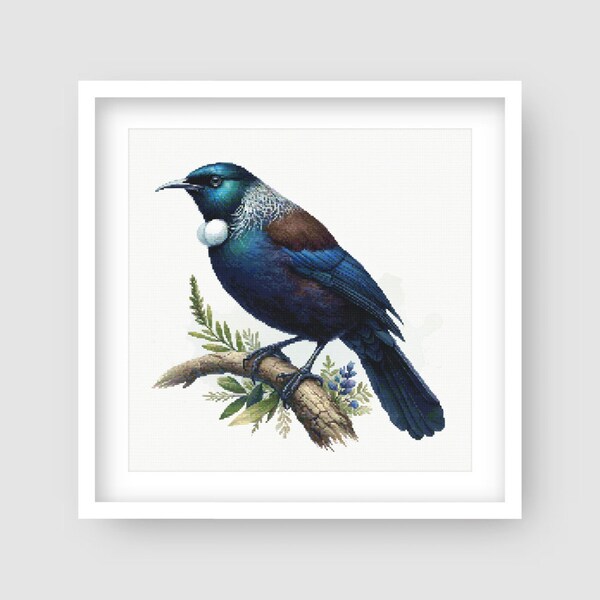 Advanced Tui Cross Stitch Pattern. New Zealand Bird Cross-Stitch Pattern. Watercolor Tones. Digital Download