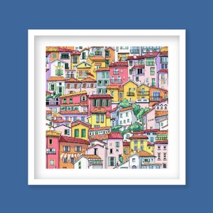 Puede incluir: Una ilustración colorida de una ciudad densamente poblada con muchos edificios en varios tonos de rosa, amarillo, azul, verde y rojo. Los edificios están apilados uno encima del otro, creando una sensación de profundidad y densidad.
