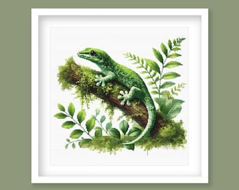 Green Gecko Cross Stitch Pattern, Tropical Lizard Wildlife Embroidery. (Digital Download)