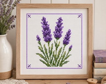 Purple Lavender Cross Stitch Pattern – Floral Embroidery Design (Digital Download)