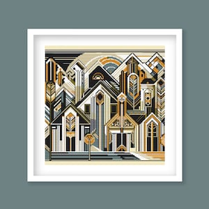 May include: Abstract geometric art print featuring a cityscape with buildings in shades of brown, yellow, and green. The buildings are arranged in a layered pattern, creating a sense of depth and perspective.