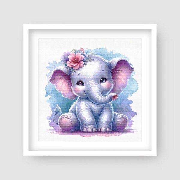 Baby Elephant Cross Stitch Pattern. Advanced Watercolor Elephant Cross-Stitch Pattern. A perfect handmade nursery gift. Instant Download