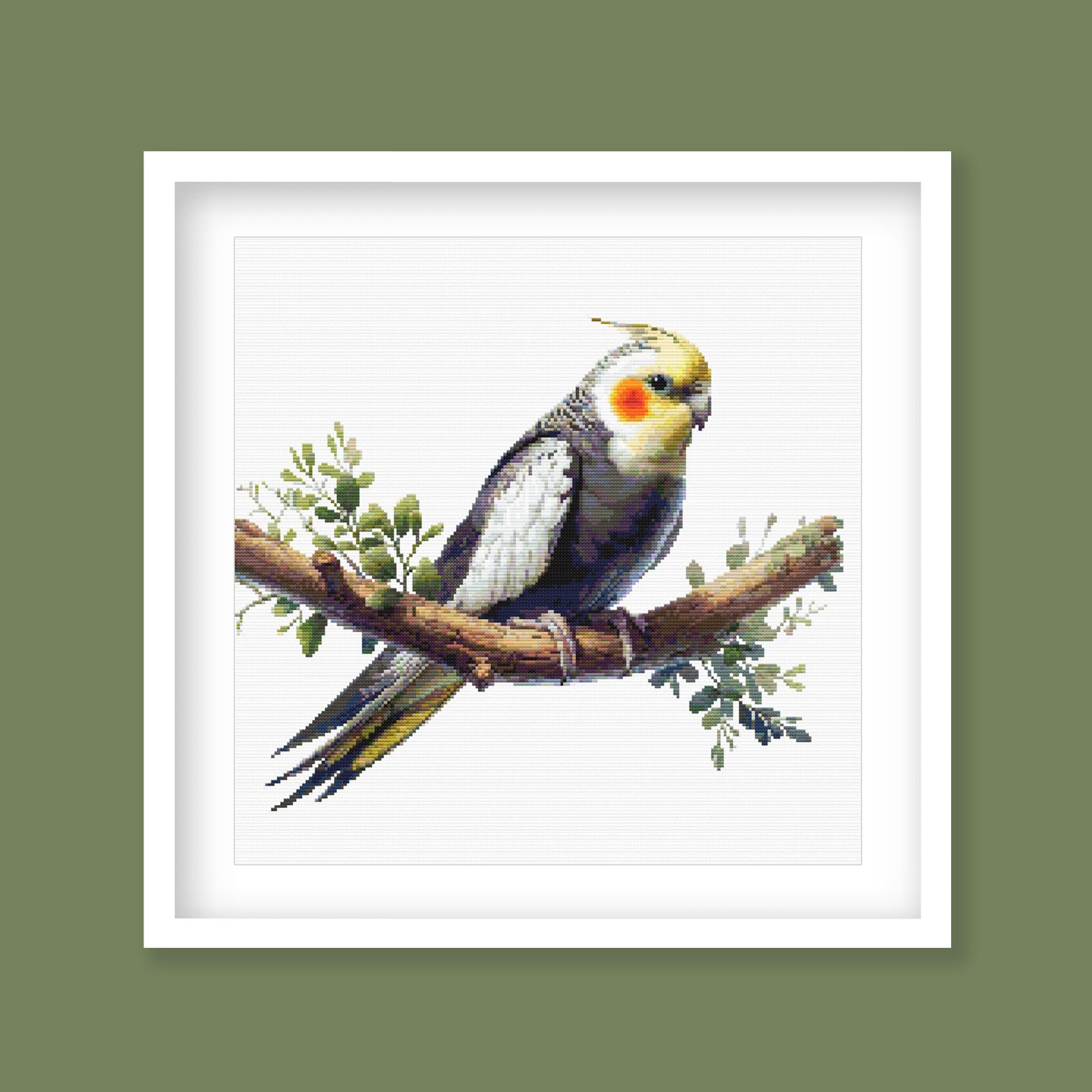 オカメインコのクロスステッチ パターン - リアルな鳥の刺繍デザイン