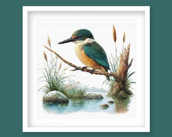 Kingfisher Cross Stitch Pattern, Sacred Kingfisher Kōtare, New Zealand Bird Embroidery (Digital PDF Download)